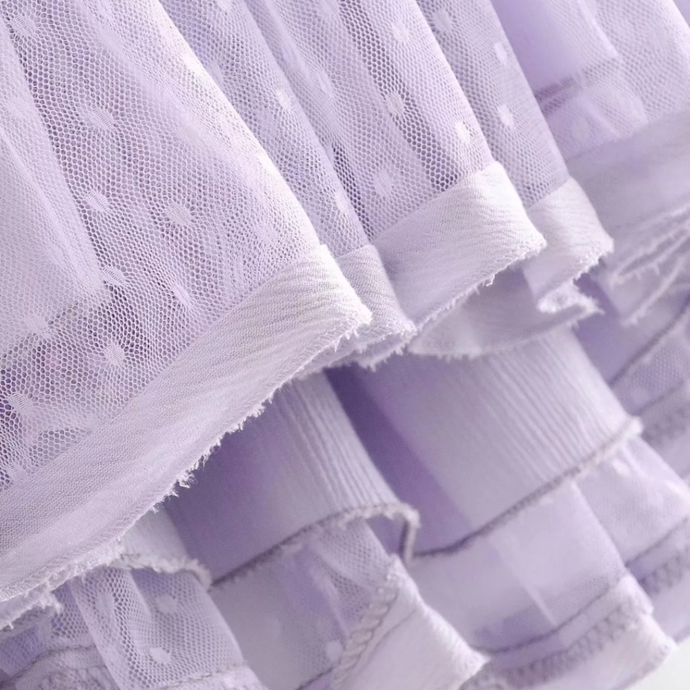 Lilac Layered Mesh Skirt Backless Halter Boho Beach Mini Dress - Picture 14 of 16